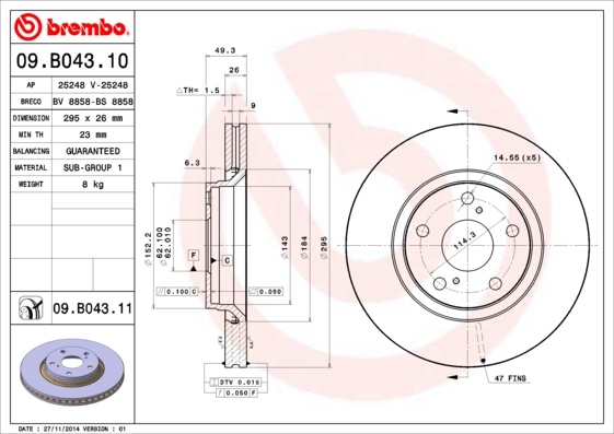 Tarcza hamulcowa, COATED DISC LINE 09.B043.11 BREMBO